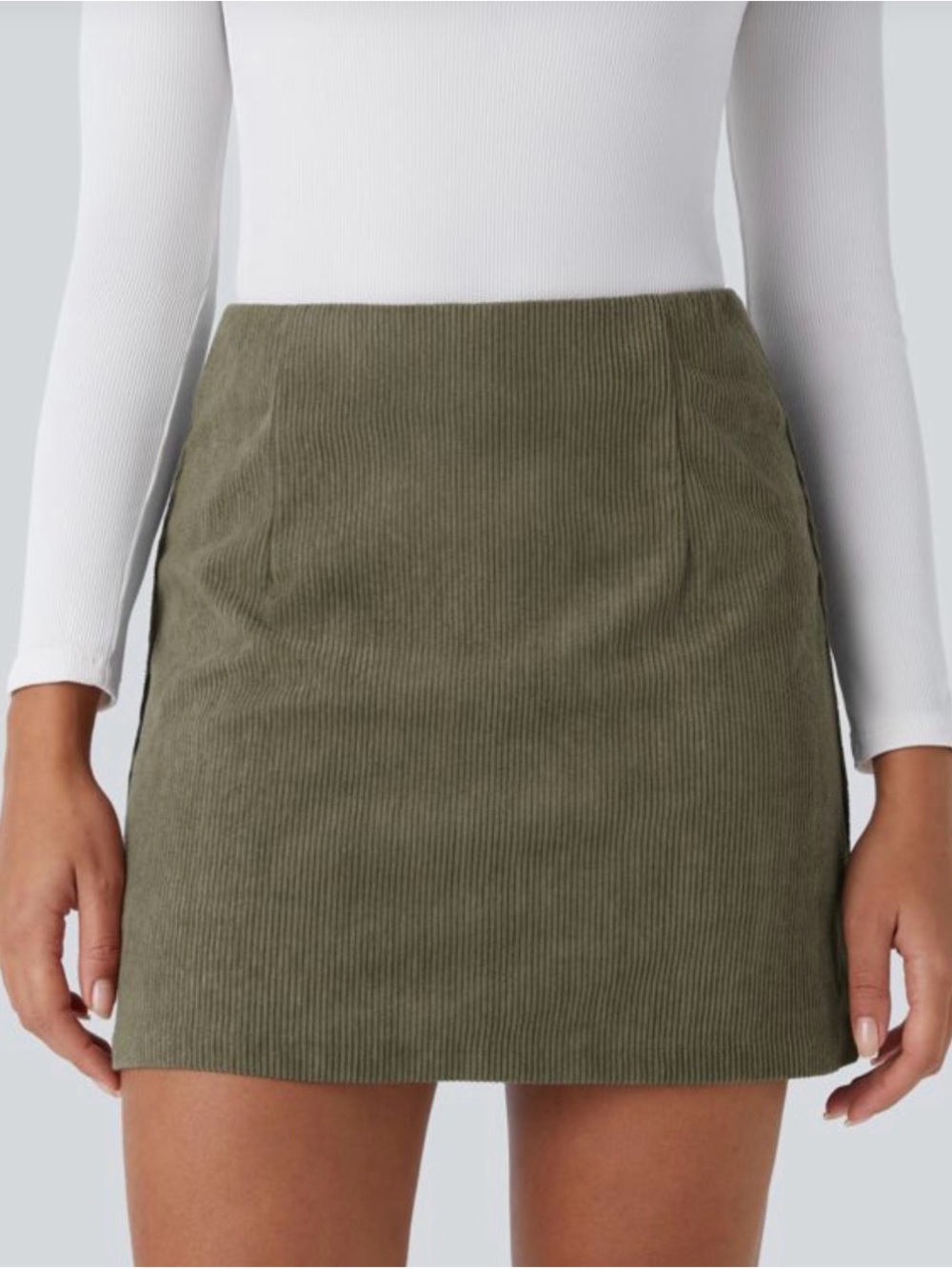 Green High Waist Corduroy Mini Skirt With Shorts